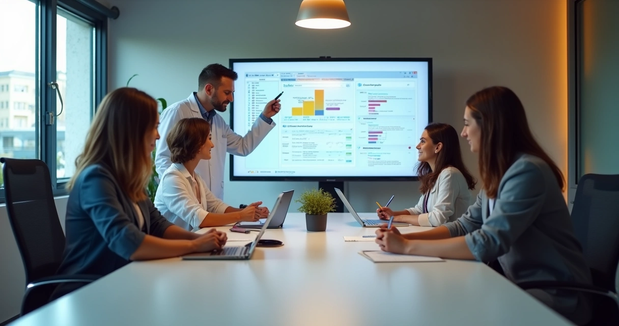 Equipe e dentista em reunião sobre automação de marketing do consultório