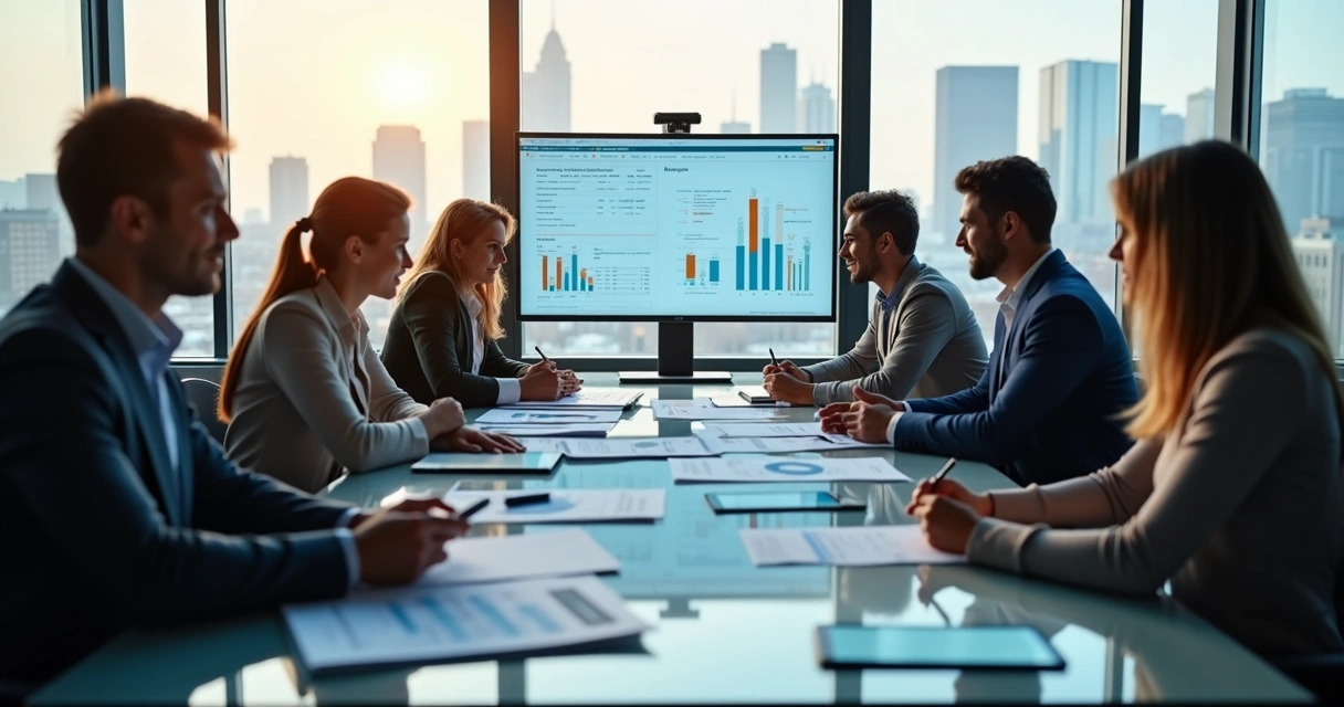 Equipes de contabilidade em reunião analisando relatórios e gráficos