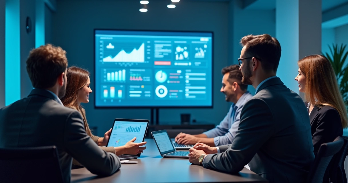 Equipe de contabilidade reunida em frente a telas digitais de análise de dados contábeis 