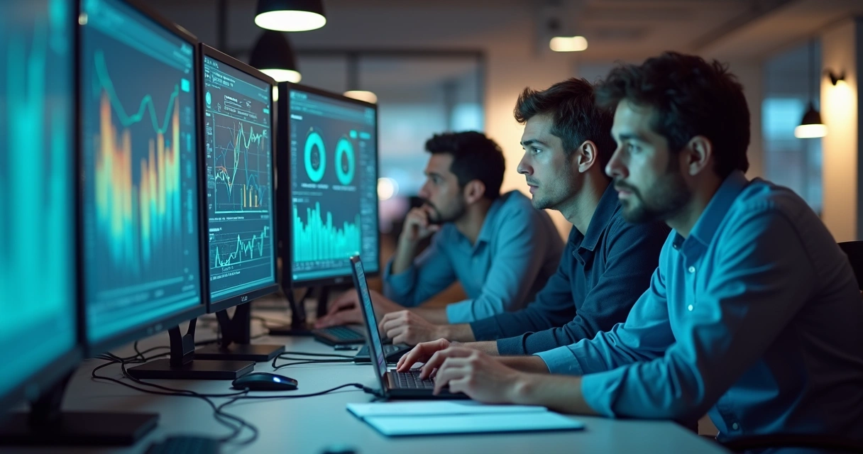 Equipe de escritório de contabilidade analisando gráficos de TI 