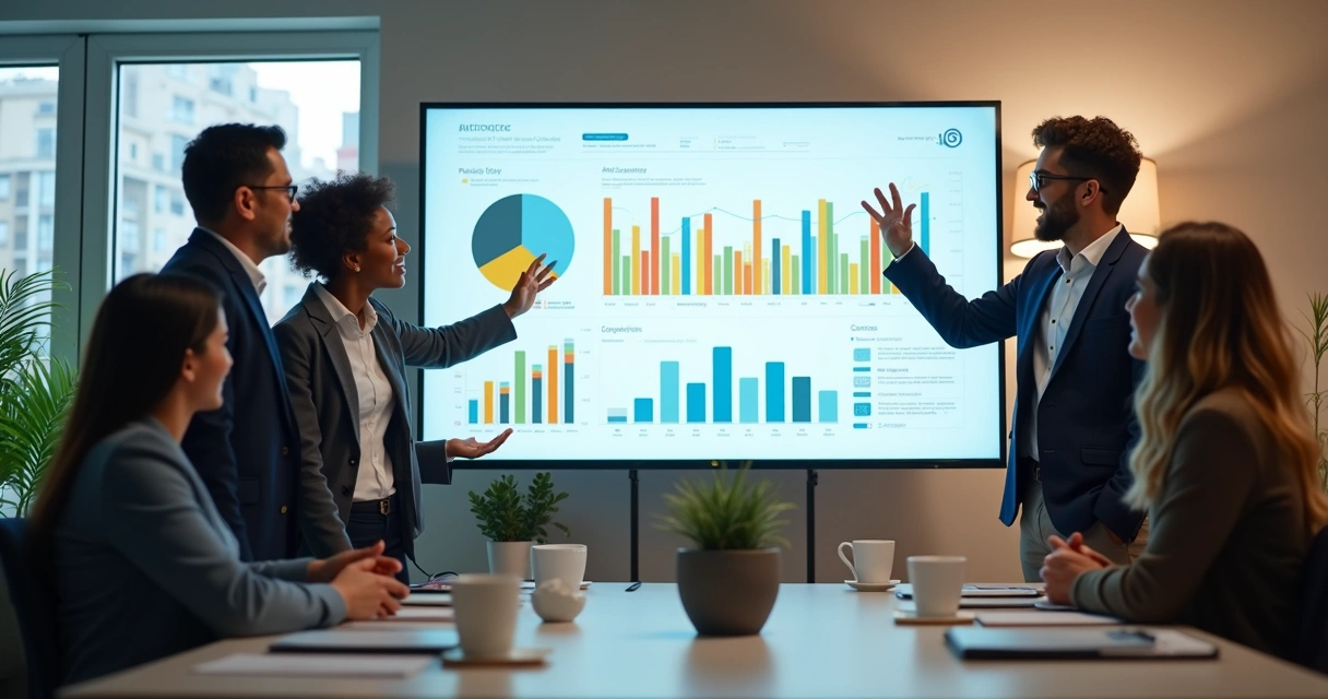 Equipe contábil analisando juntos um relatório automático em uma tela grande 