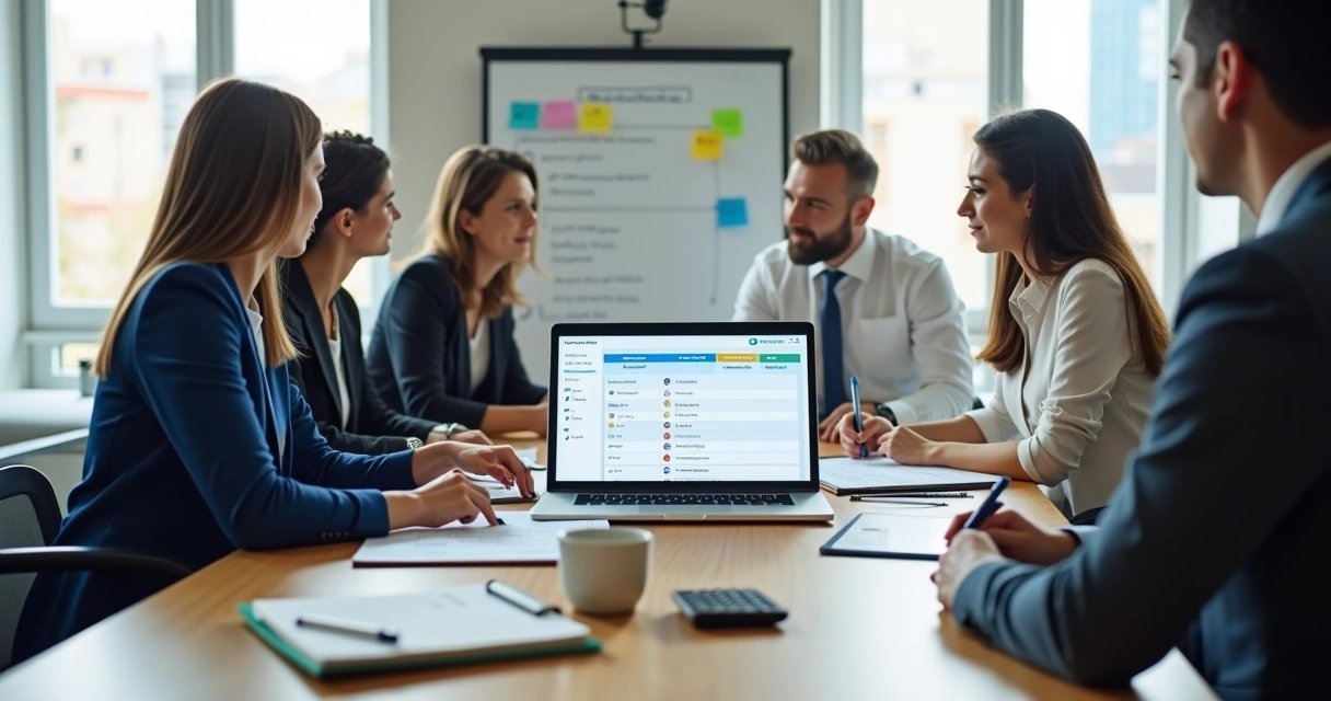 Equipe de contabilidade atendendo cliente em reunião com processos padronizados em tela 