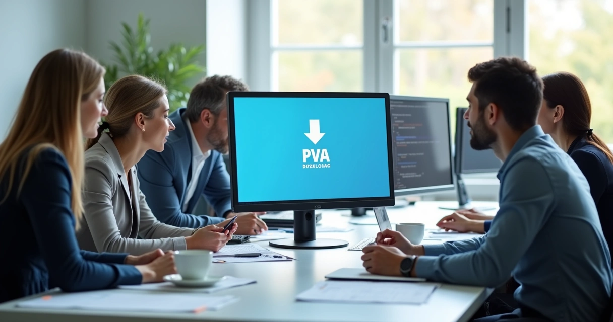 Contadores reunidos em frente a computadores instalando atualização do PVA 