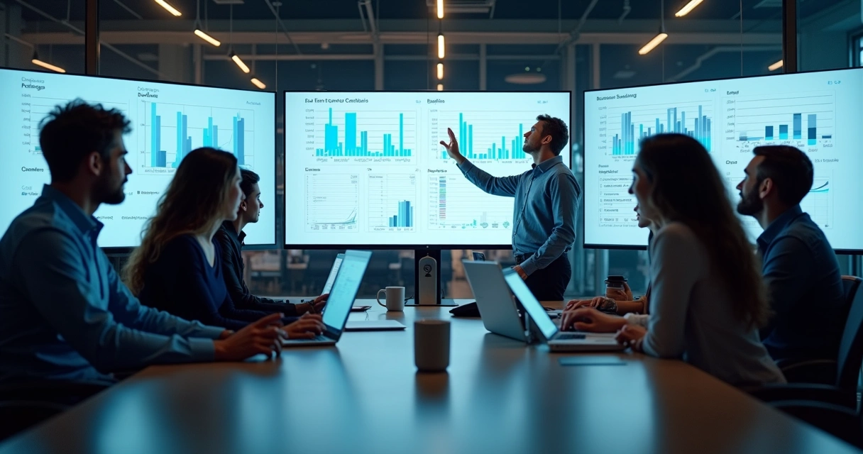 Equipe de contabilidade analisando relatórios digitais na tela. 