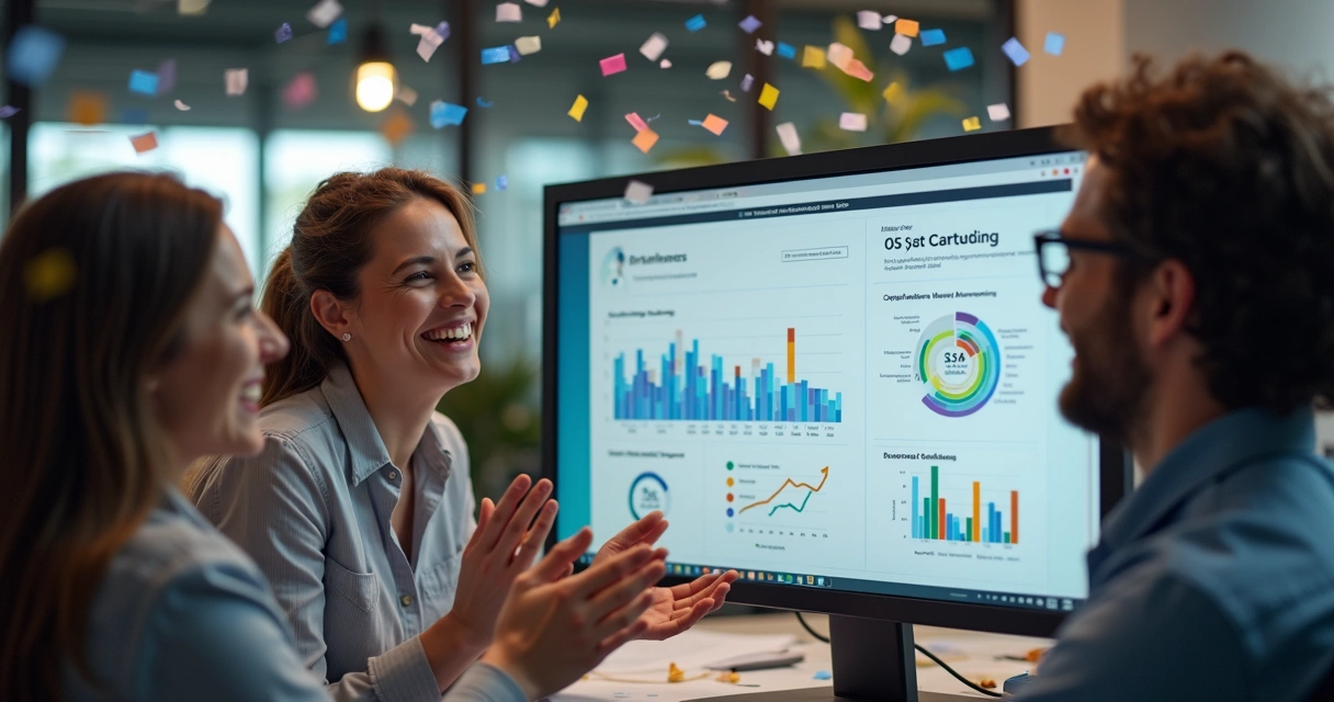 Equipe de contabilidade celebrando em volta de tela de computador com dados 