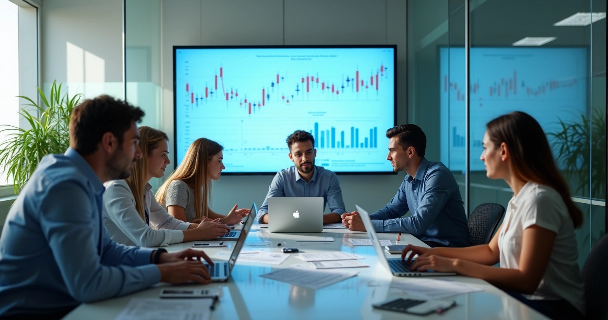 Equipe de contabilidade reunida trocando ideias em escritório digitalizado 