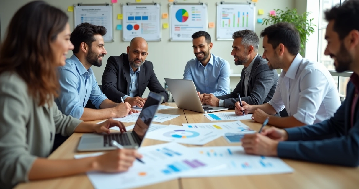 Profissionais de contabilidade analisando relatórios em grupo 