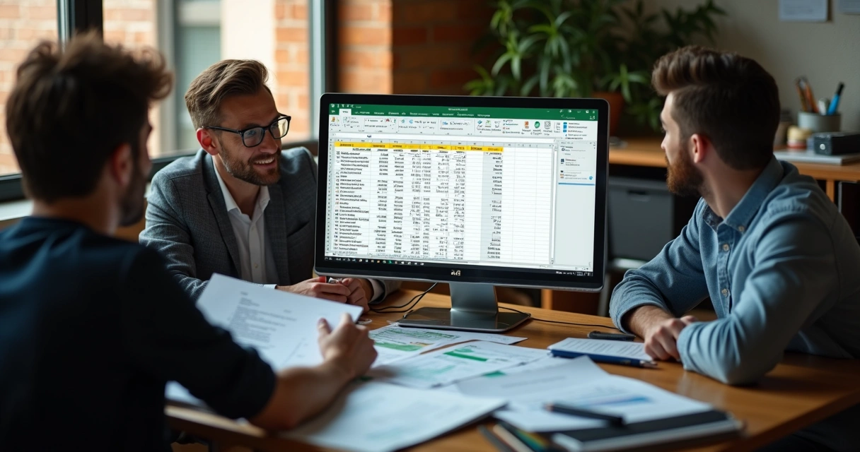 Equipe de escritório contábil analisando tela com Excel 