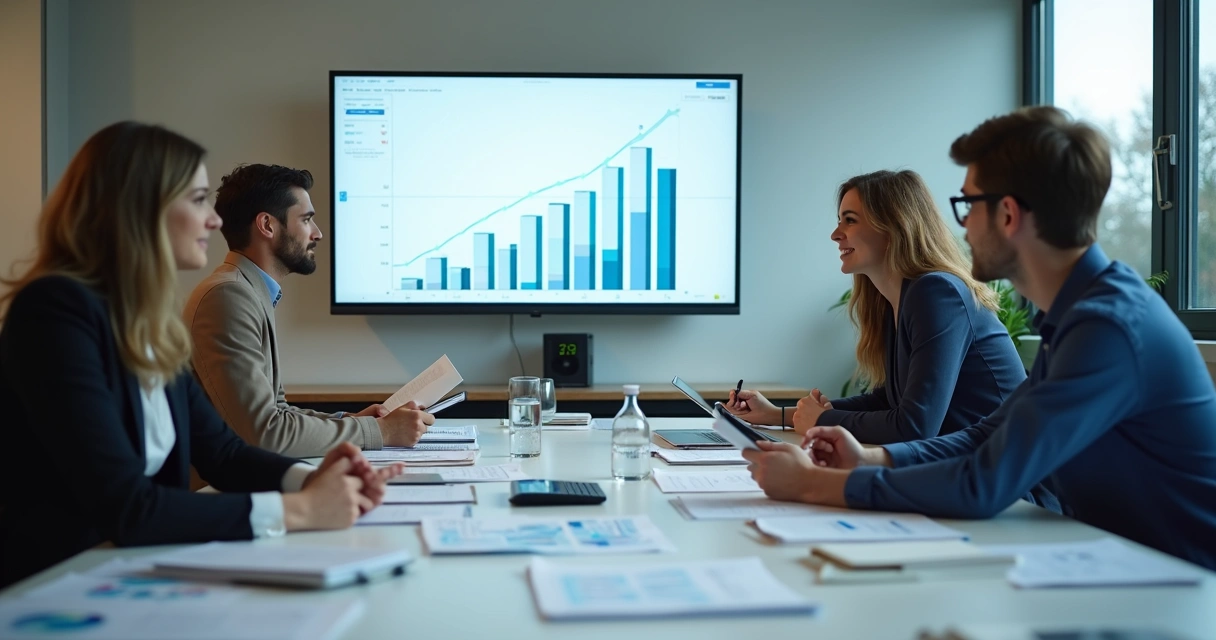 Equipe contábil reunida analisando relatório de balanço