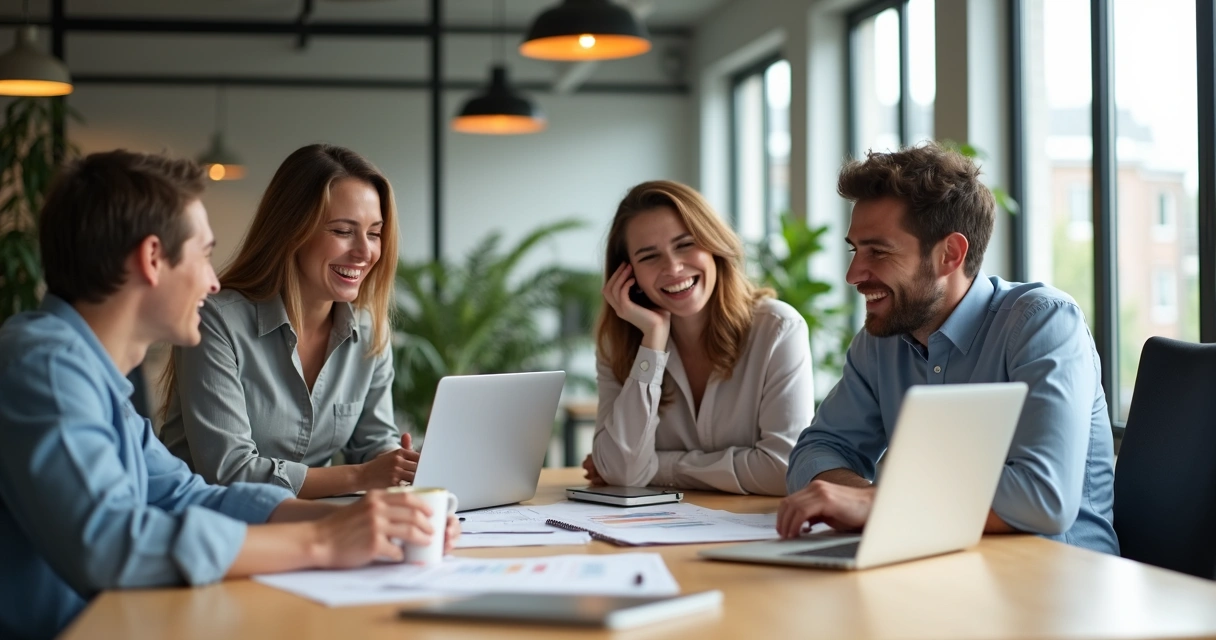 Equipe de escritório contábil reunida ao redor de uma mesa, sorrindo e conversando. 