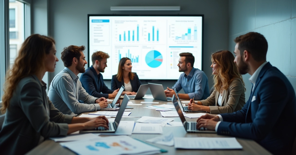 Equipe contábil reunida analisando planilhas para filial 