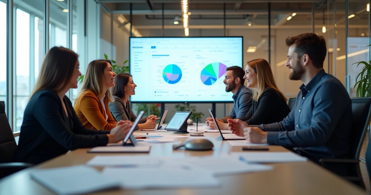 Equipe fiscal reunida e satisfeita em escritório pós-automação 