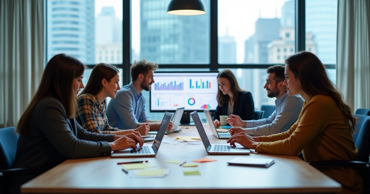 Equipe contábil reunida com dashboards financeiros em notebooks. 