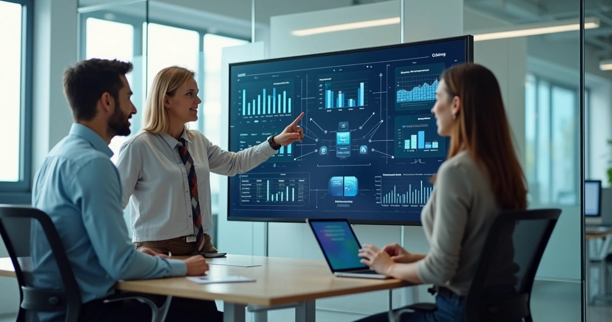 Equipe contábil colaborando em espaço moderno com gráficos digitais ao fundo 