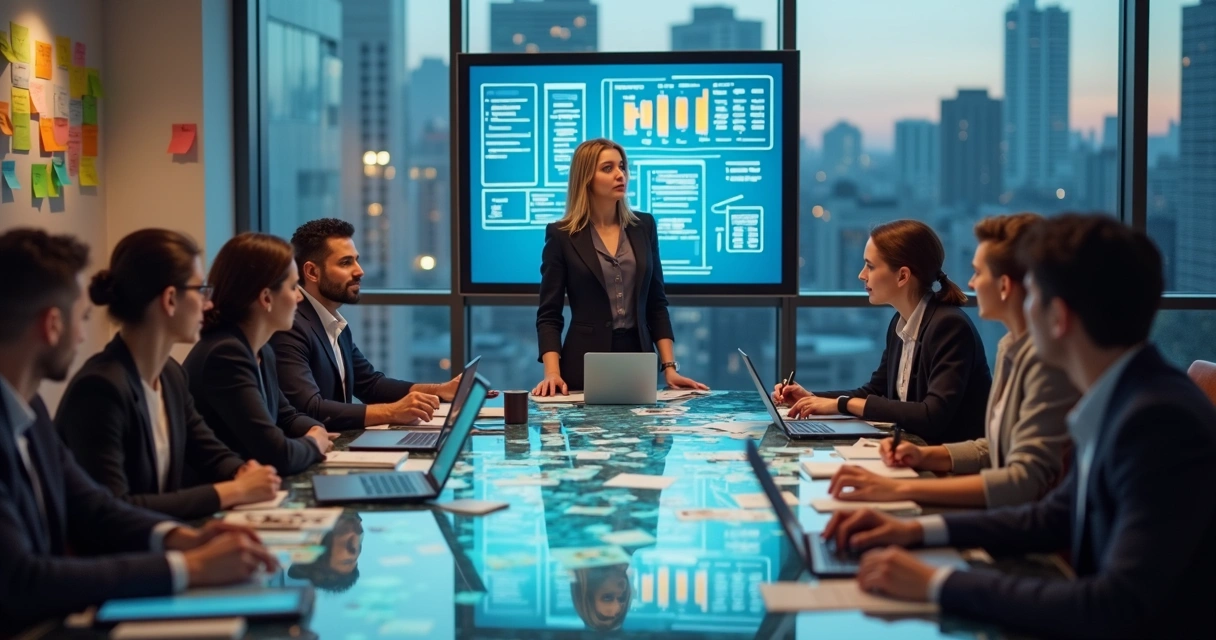 Equipe contábil reunida discutindo ideias inovadoras em sala moderna 