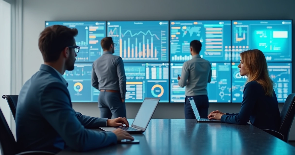 Equipe contábil analisando dados em painéis digitais 