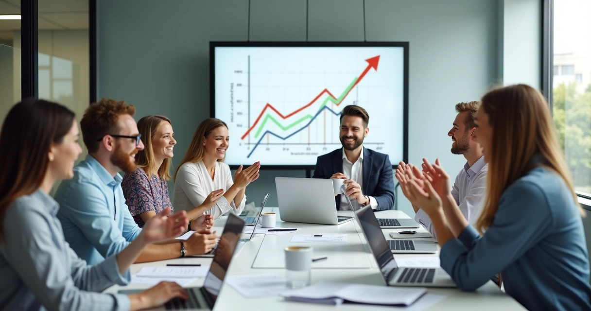 Equipe de escritório contábil comemorando resultados em reunião 