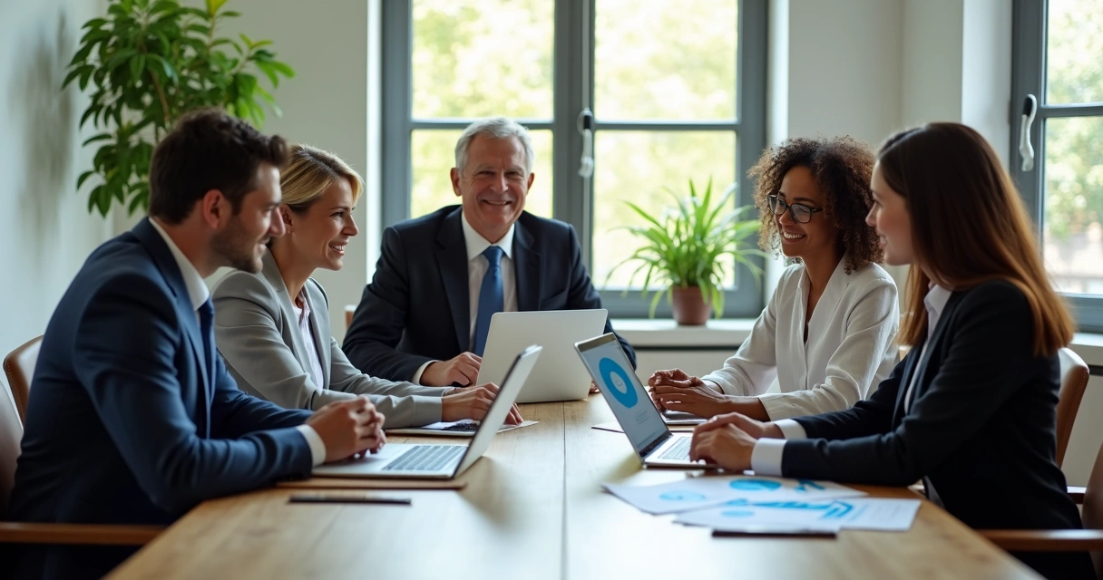 Equipe de contadores em reunião usando computadores com gráficos contábeis na tela