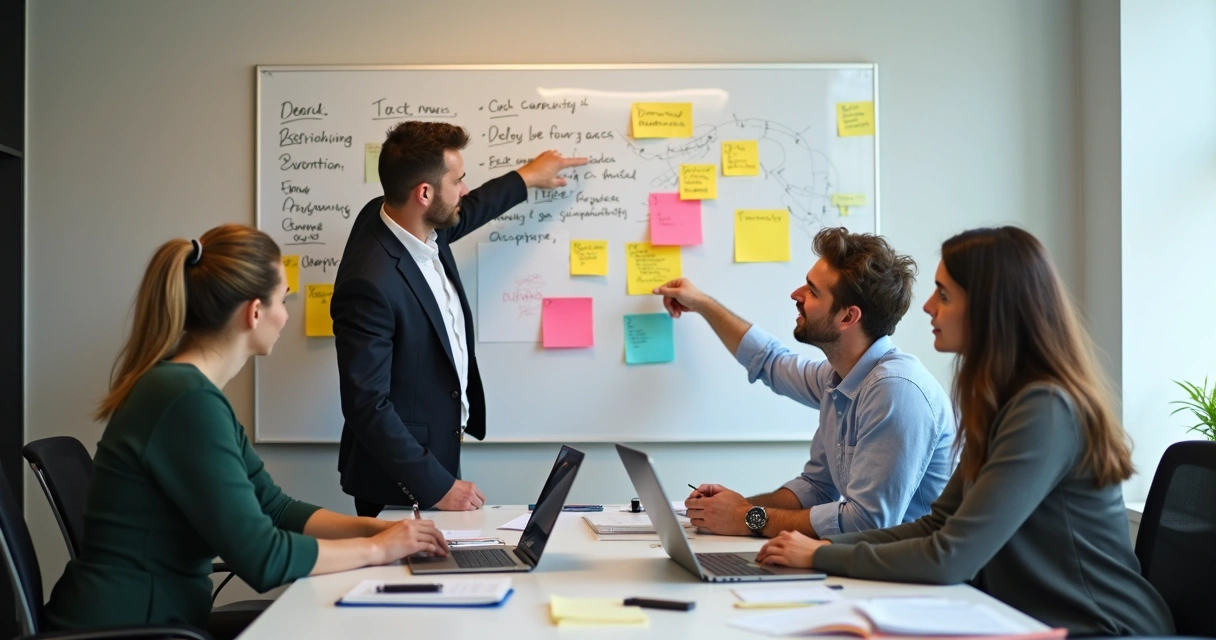 Equipe de escritório contábil reunida em frente a quadro de tarefas colorido 