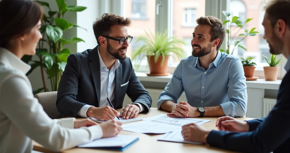 Contador orientando pequenos empresários em reunião 