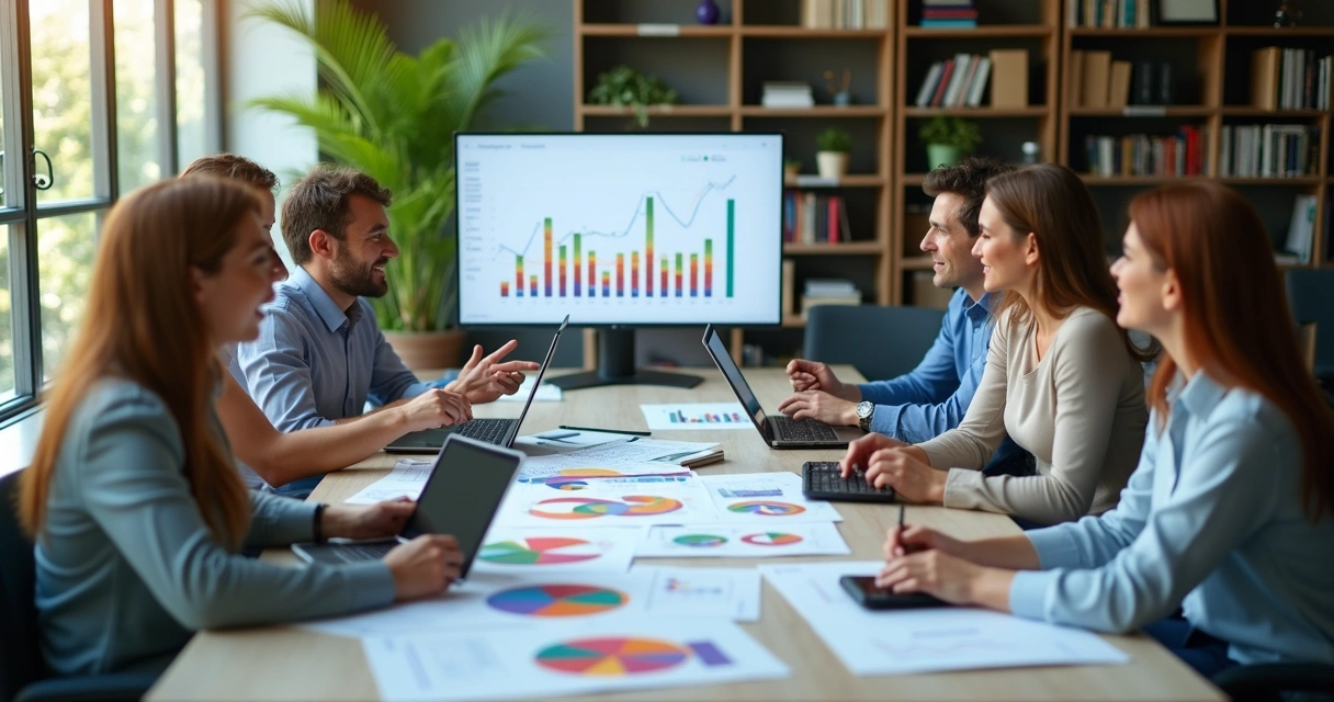 Equipe de contabilidade reunida analisando gráficos financeiros 