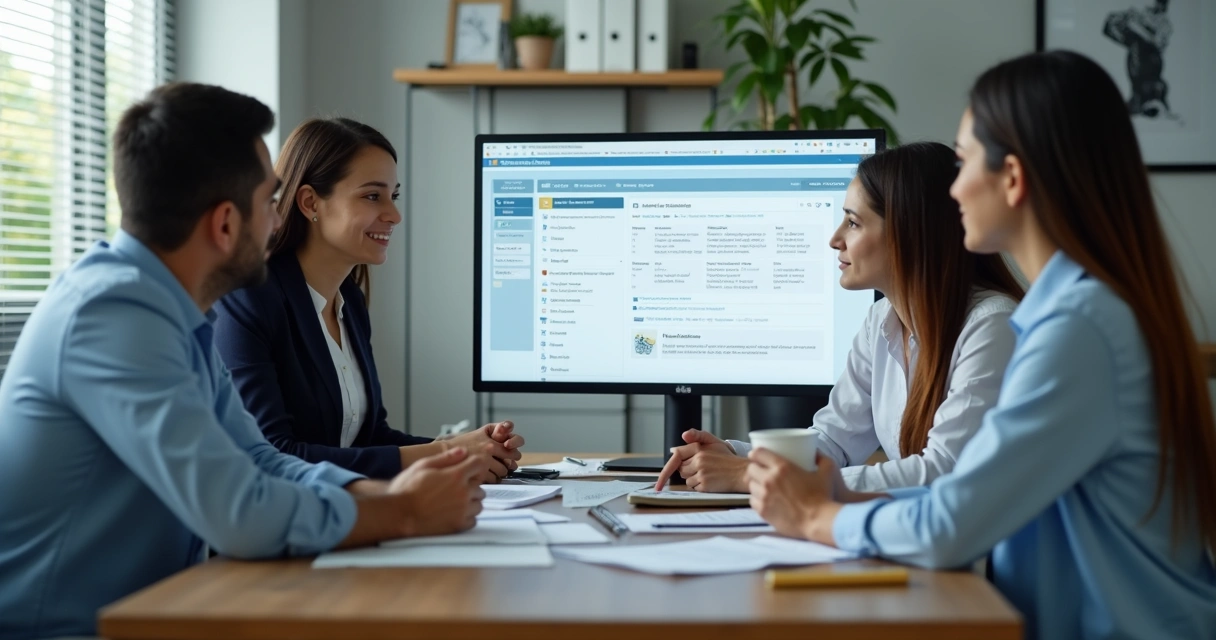 Equipe contábil revisando acesso digital e histórico de atendimentos 