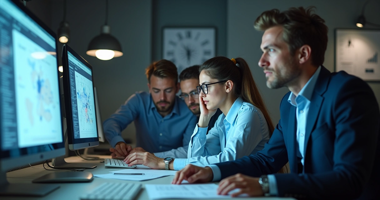 Equipe contábil olhando para computador com expressão preocupada 