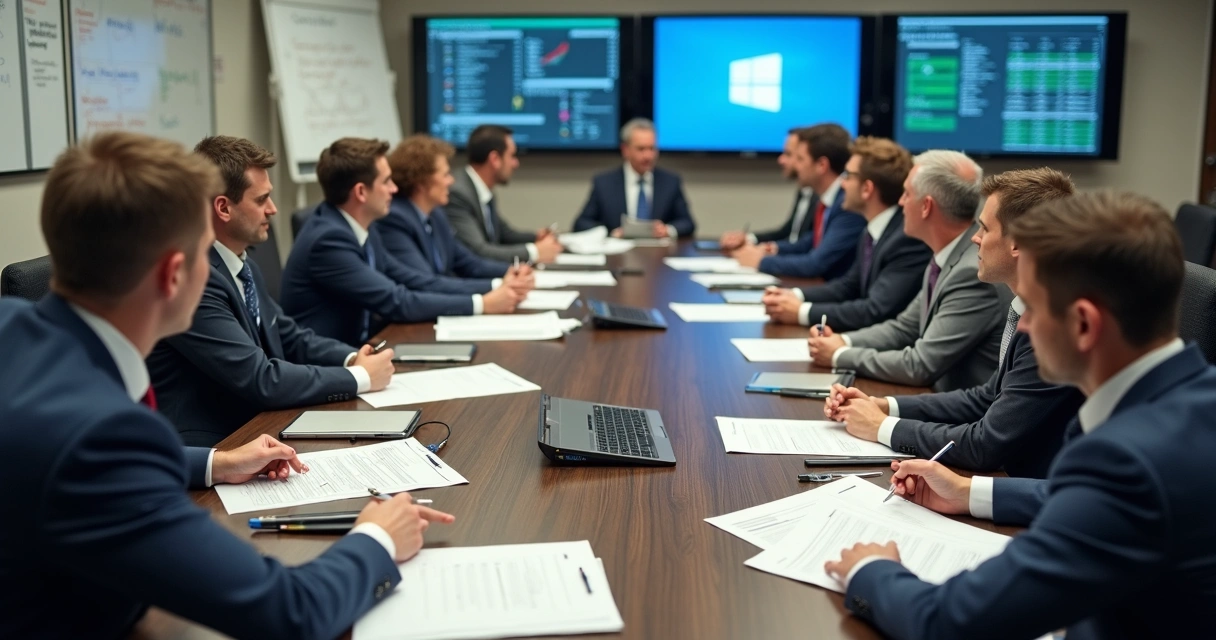 Equipe de contabilidade em sala de reunião de órgão público 