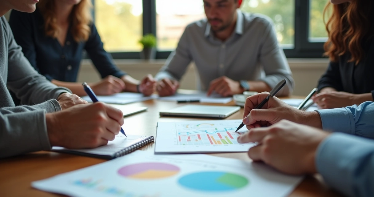 Equipe contábil reunida analisando dados no CRM 