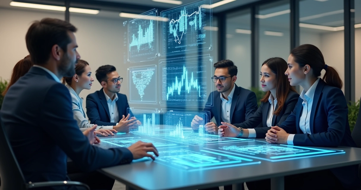 Equipe contábil reunida em mesa com telas digitais 