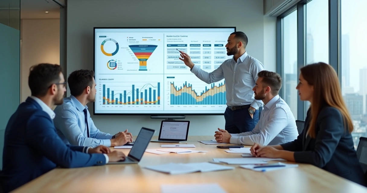 Equipe contábil em reunião estratégica de vendas com gráficos na tela 