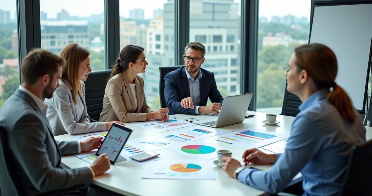 Equipe de contabilidade em reunião brainstorm, analisando gráficos coloridos numa sala moderna 