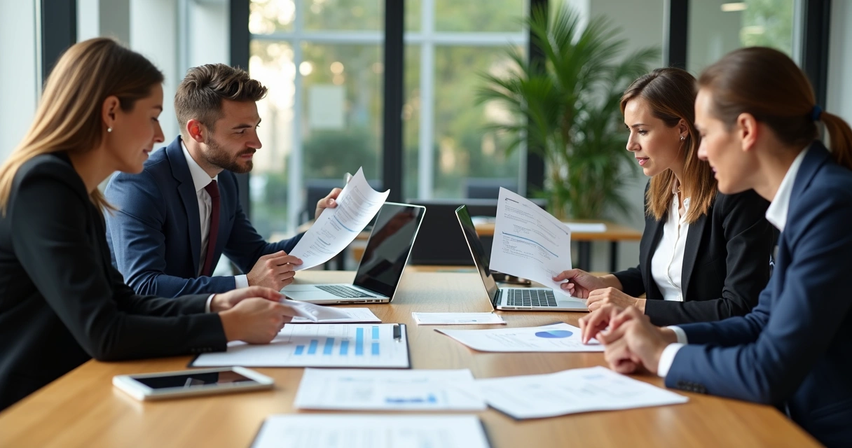 Equipe de contabilidade reunida em torno de uma mesa, analisando documentos e relatórios. 