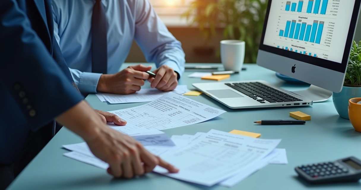 Equipe contábil revisando notas fiscais em escritório