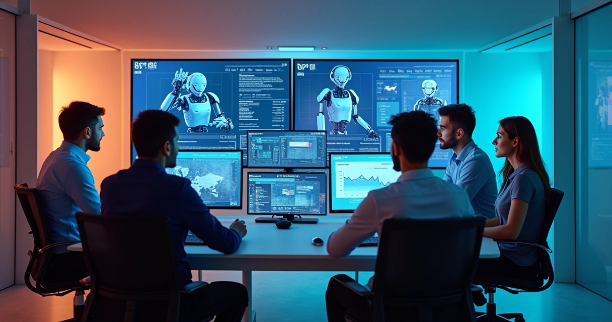 Equipe contábil interagindo com robôs digitais em ambiente moderno 