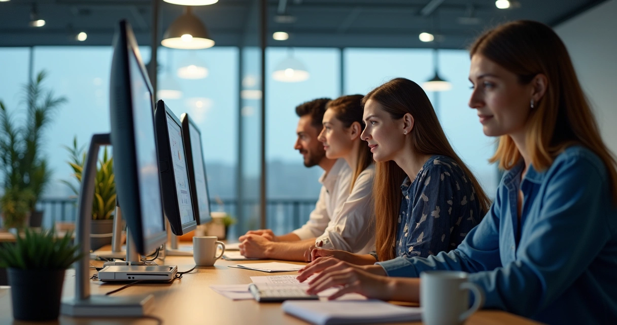 Equipe de escritório contábil usando software integrado 