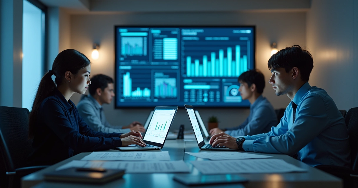 Equipe de contabilidade com computadores analisando dados digitais