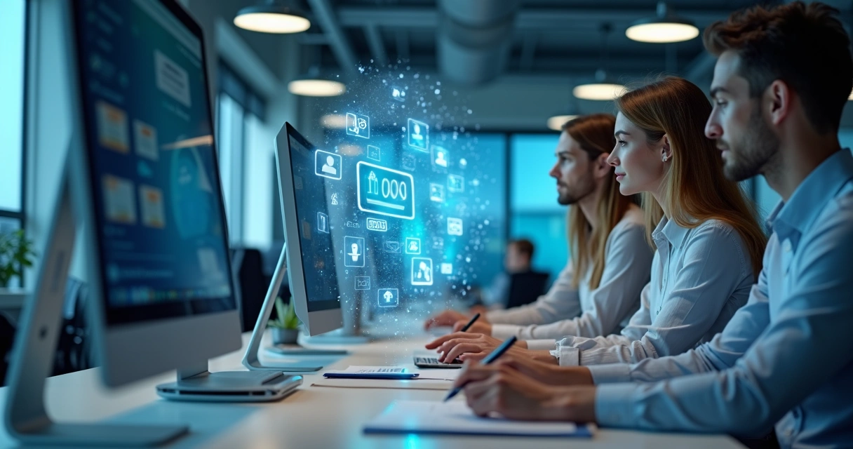 Profissionais contábeis usando tecnologia digital em escritório 