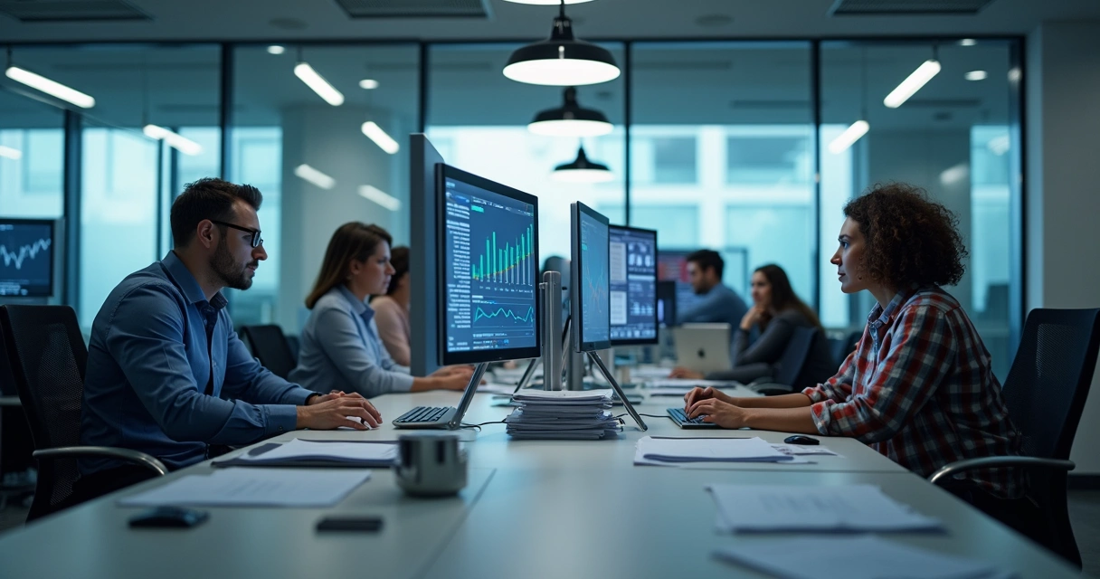 Equipe de contabilidade em frente a computadores em escritório moderno 
