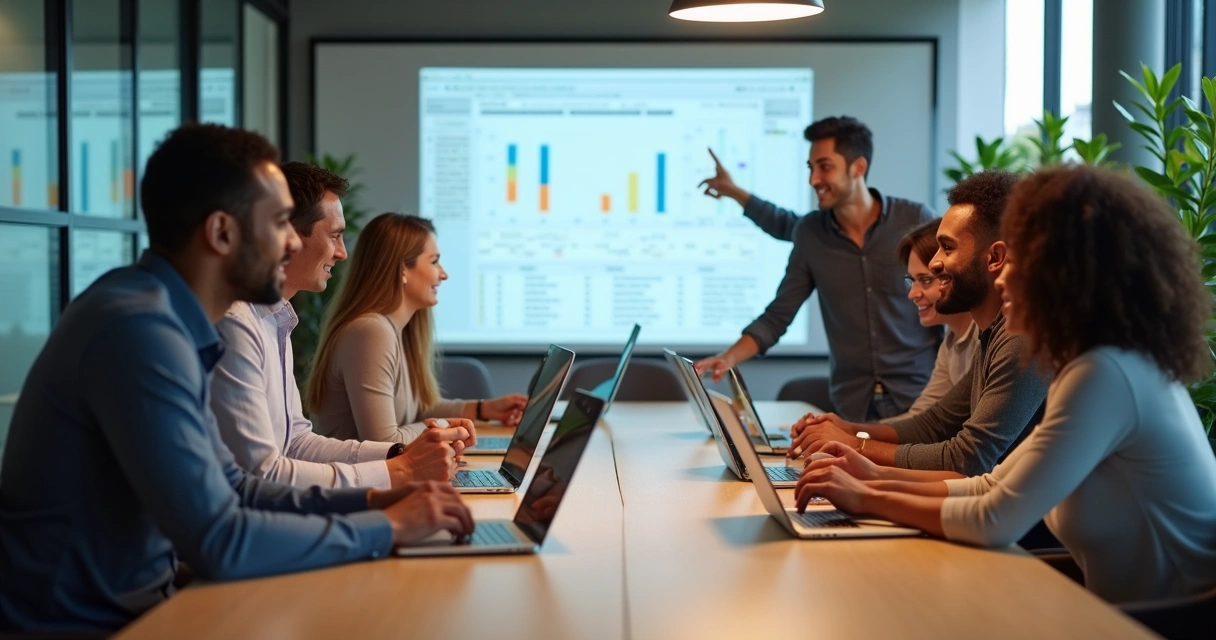 Equipe empresarial reunida ao redor de mesa com notebooks e planilhas digitais 