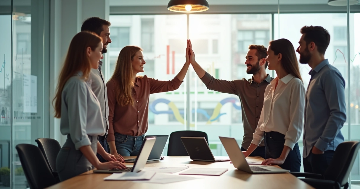 Equipe de contabilidade comemorando resultados no escritório 