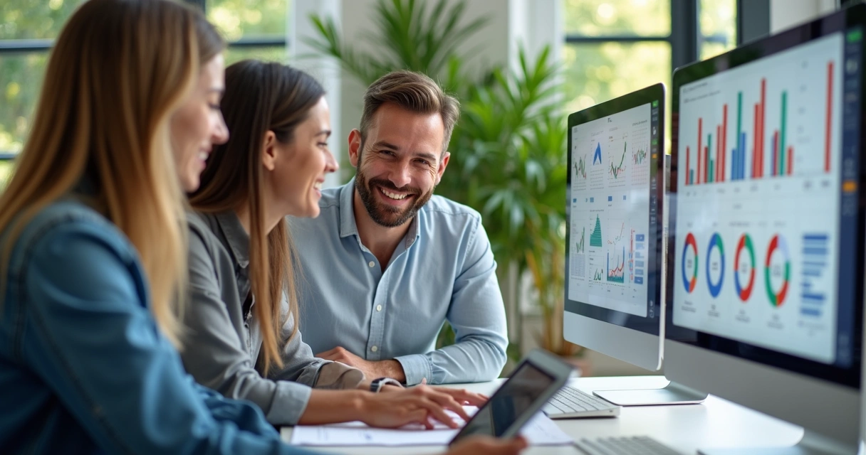 Equipe de contabilidade feliz usando computadores modernos 