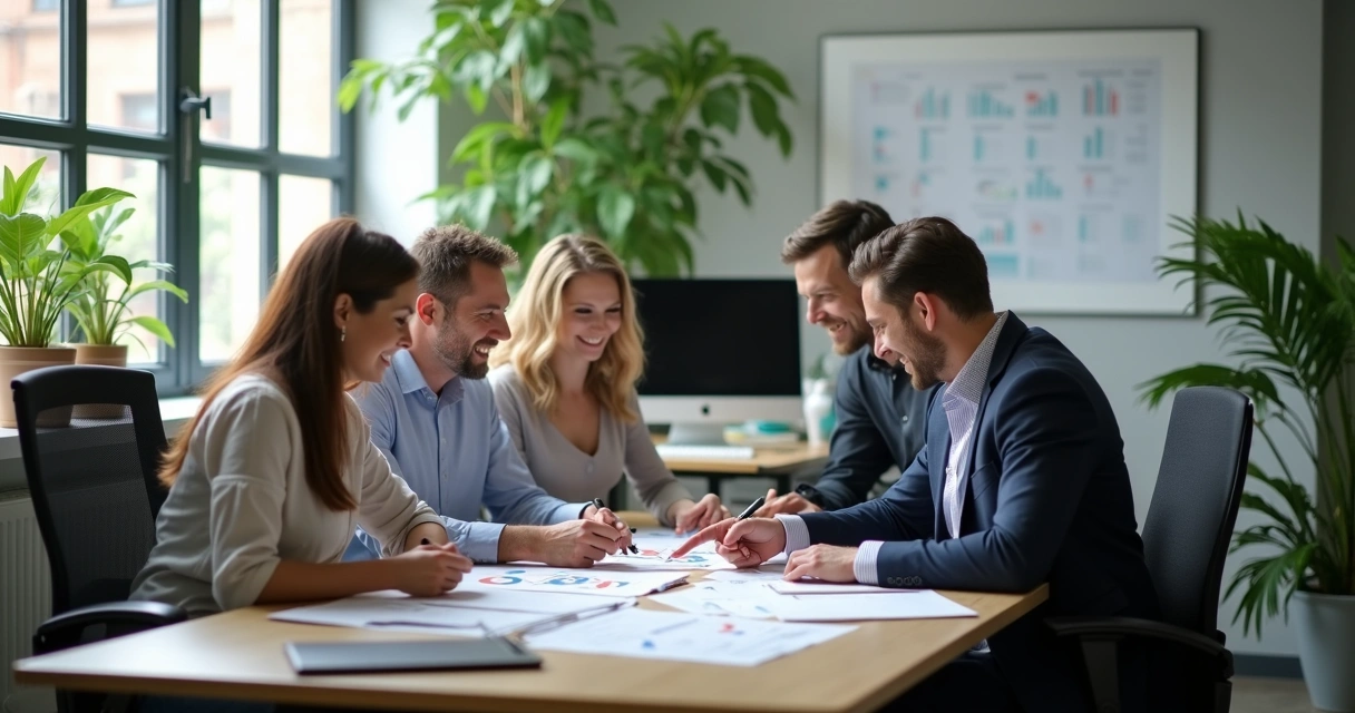 Equipe de contabilidade trabalhando colaborativamente e satisfeita 