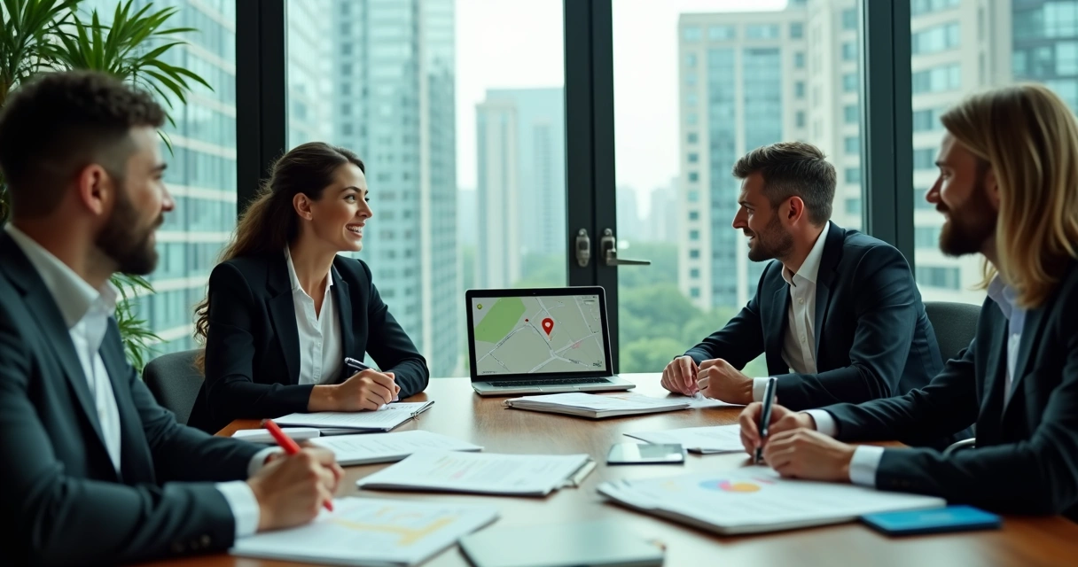 Equipe reunida em mesa planejando estratégias contábeis acompanhada de mapas e notebooks 