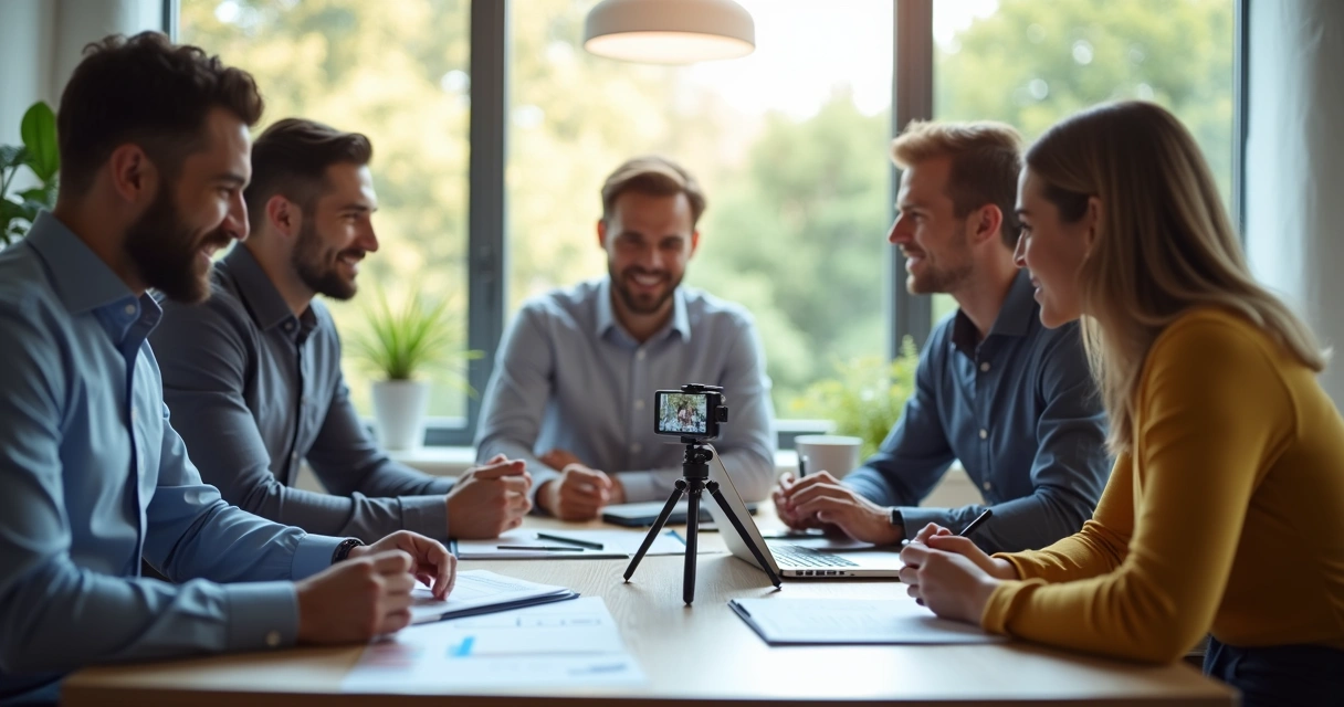 Equipe de contabilidade em reunião gravando conteúdo para redes sociais 