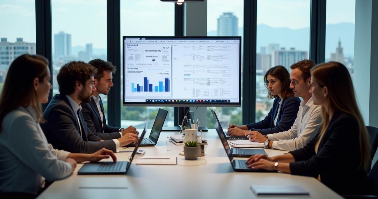 Equipe de contabilidade reunida analisando documentos fiscais e telas de computador com dados de ICMS em SC 