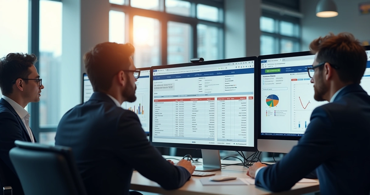 Profissionais de contabilidade analisando notas fiscais em computadores modernos 