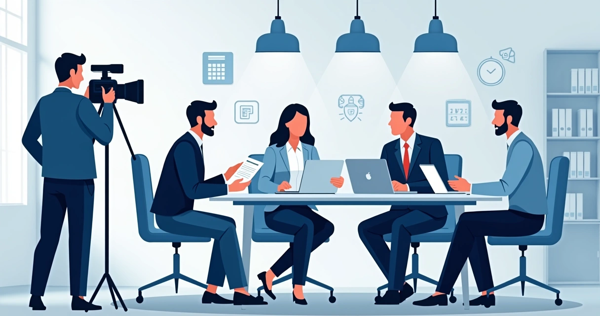 Equipe de escritório de contabilidade durante gravação de vídeo institucional 
