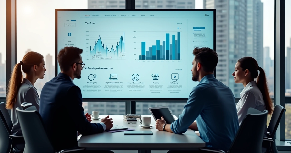 Equipe de contadores analisando painel digital 