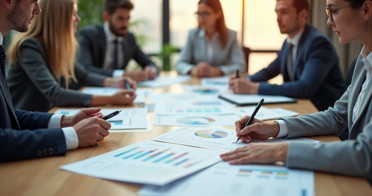 Equipe de contadores analisando um relatório financeiro em uma mesa 
